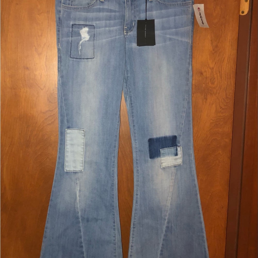 The Buckle Flying monkey Low Rise patchwork super Flare Jeans. Size 28/34. NWT - Picture 3 of 11